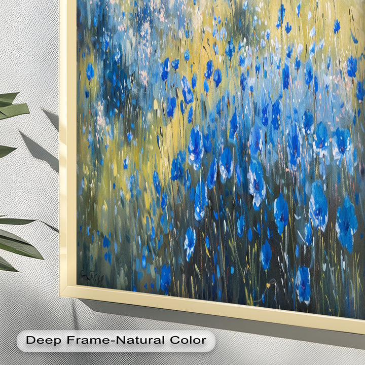 An enchanting meadow bursts into life with shades of blue and gold, as impressionistic brushwork captures the essence of a warm afternoon in the countryside.