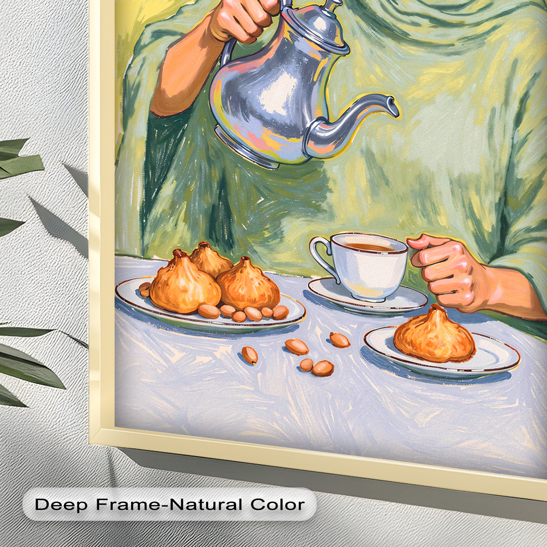 Woman Pouring Tea with Traditional Sweets - Food Painting