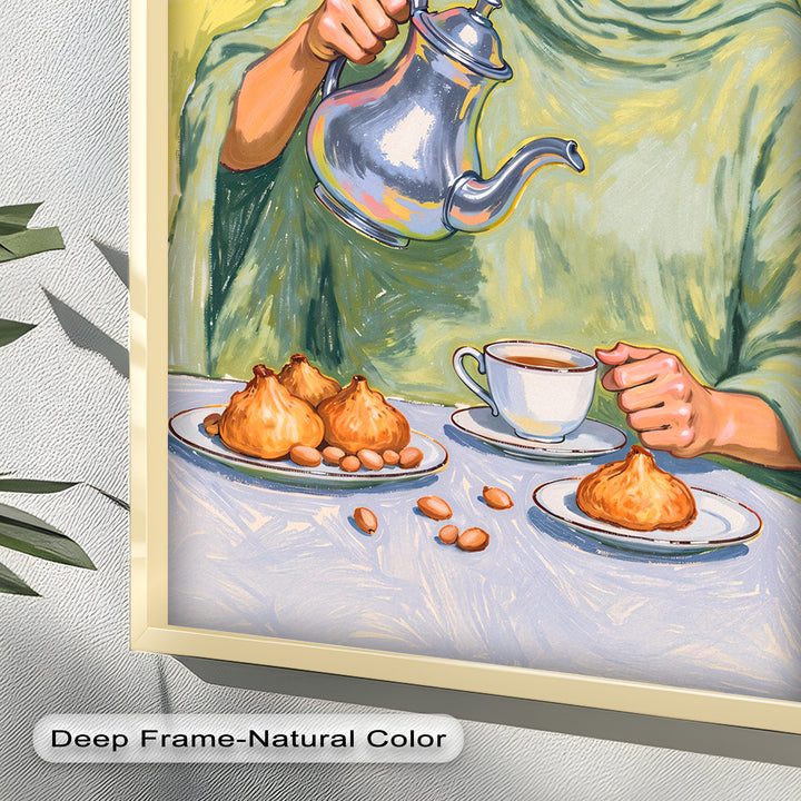 Woman Pouring Tea with Traditional Sweets - Food Painting