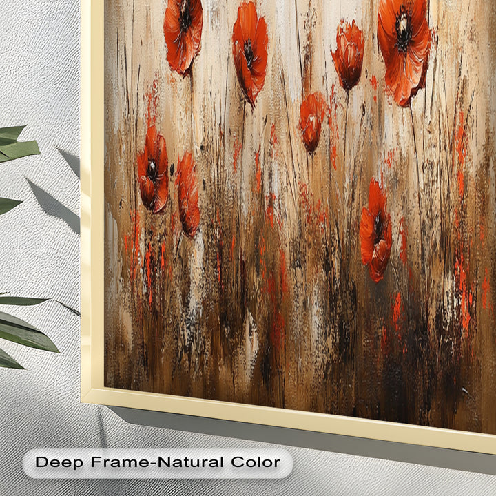 Fiery Meadow – Scarlet Poppies in Earth-Toned Field Flower Oil Painting