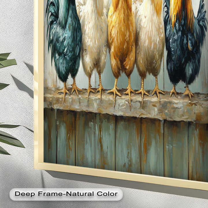 Colorful Roosters on a Wooden Fence – Animal Oil Painting