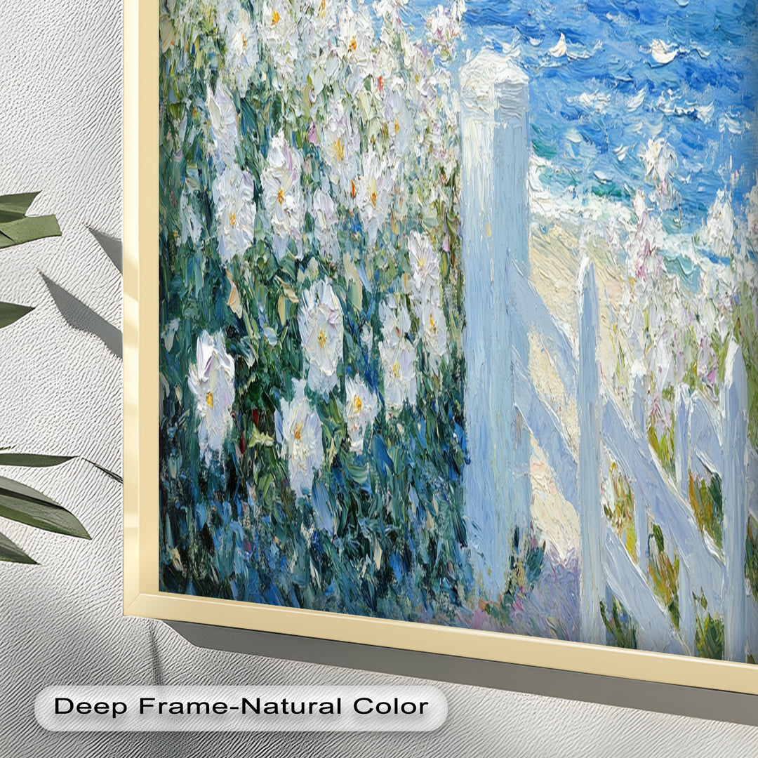 White Rose Garden with Sailboats – Impressionist Oil Painting