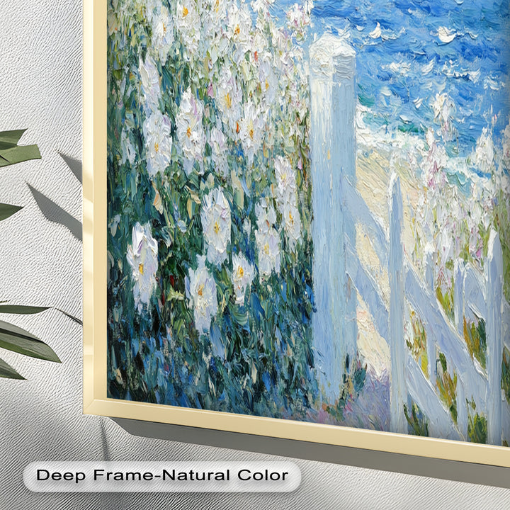 White Rose Garden with Sailboats – Impressionist Oil Painting