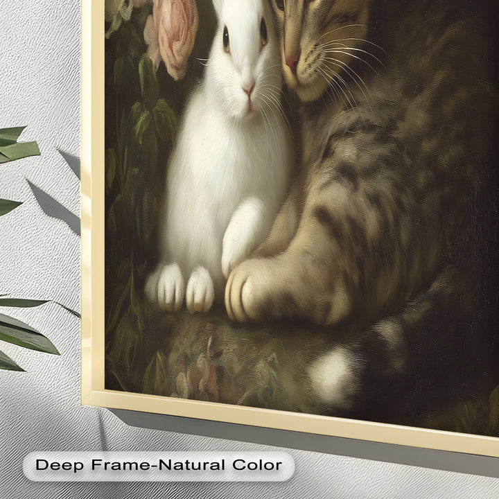 Cat and Rabbit in Floral Harmony - Animal Oil Painting