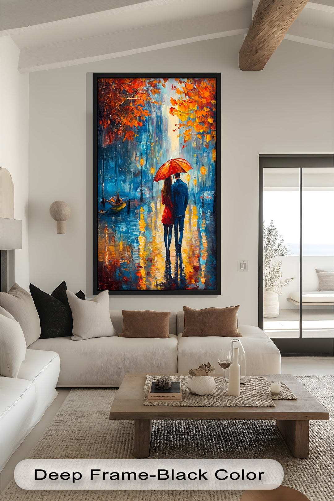 Romantic Couple Strolling Under Red Umbrella - Love Oil Painting