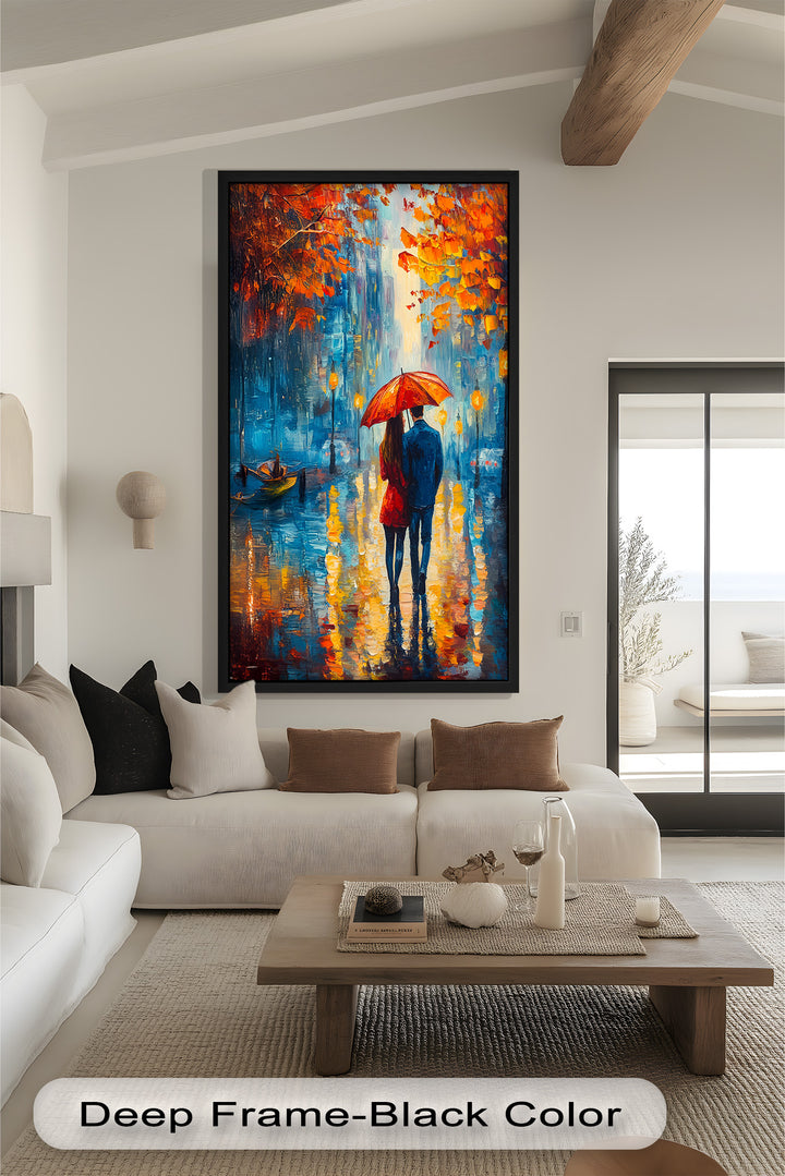 Romantic Couple Strolling Under Red Umbrella - Love Oil Painting