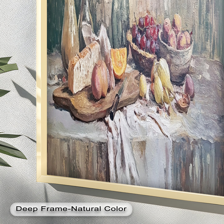 Rustic Fruit & Bread Still Life – Framed Oil Painting