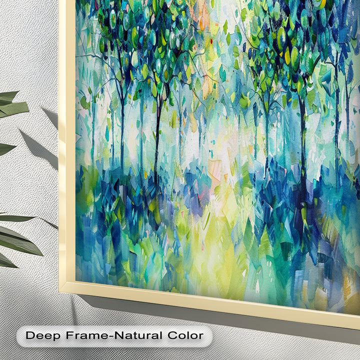 Blue & Green Forest Landscape – Abstract Nature Oil Painting