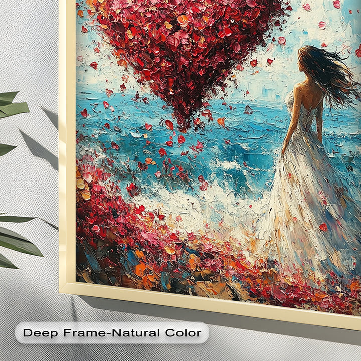 Woman with Heart-Shaped Petals Over the Sea - Love Oil Painting
