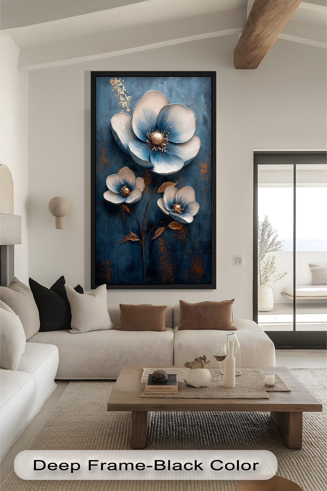 Deep Blue and Metallic Floral Elegance - Flower Oil Painting