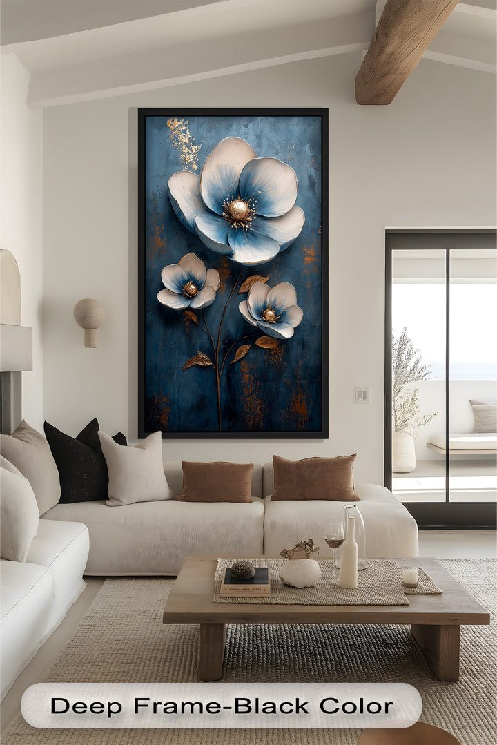 Deep Blue and Metallic Floral Elegance - Flower Oil Painting