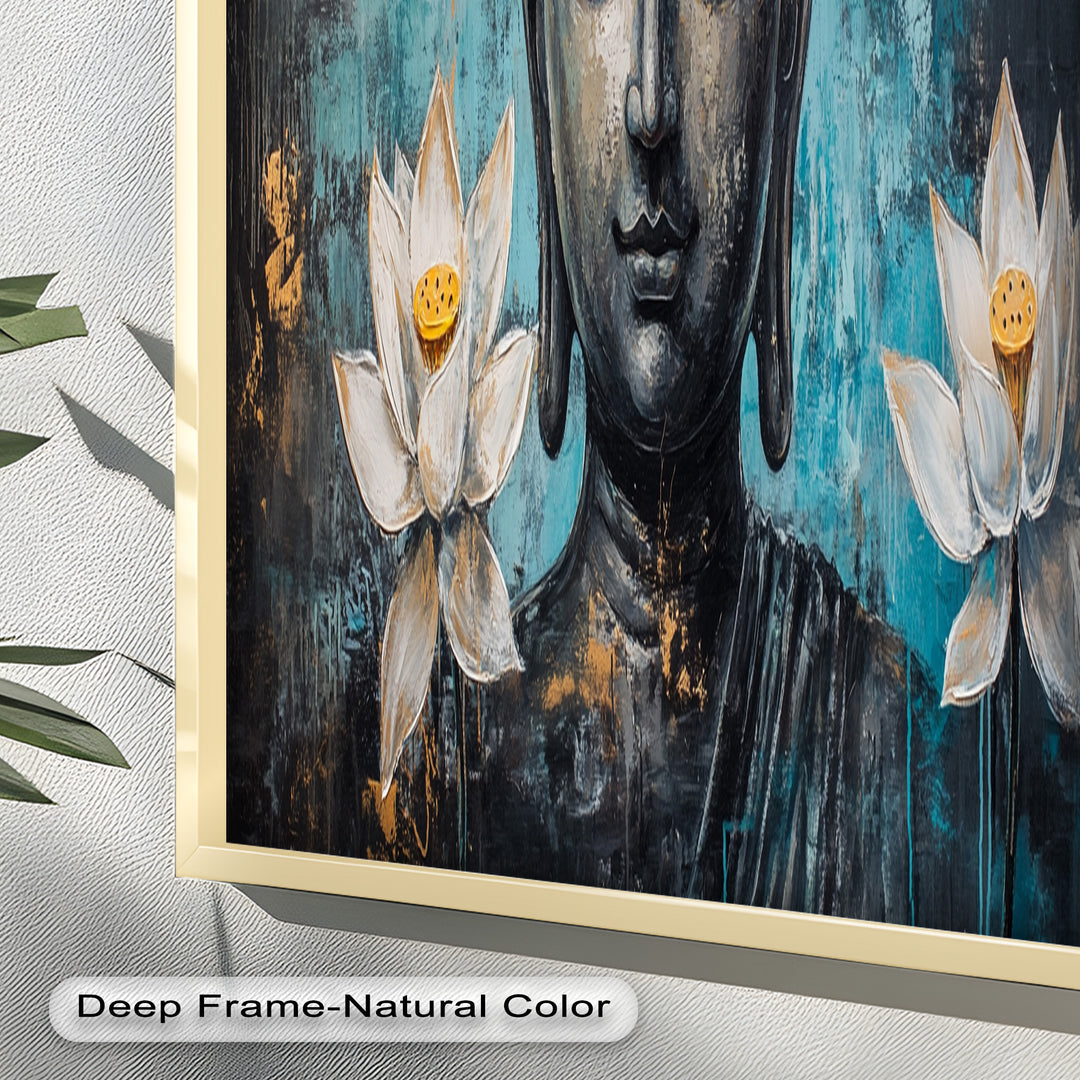 Teal Buddha with Lotus Flowers – Religious Oil Painting
