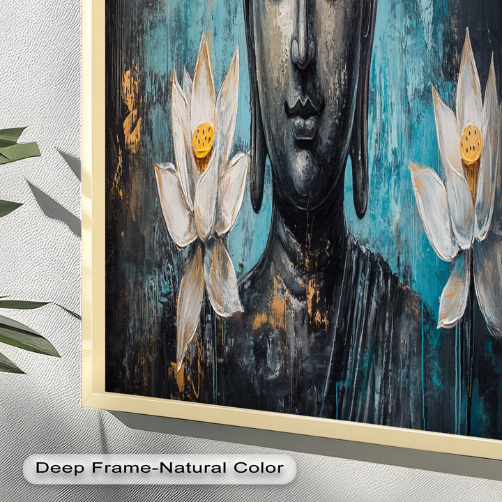 Teal Buddha with Lotus Flowers – Religious Oil Painting