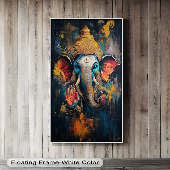 A striking modern artwork of Ganesha in a blessing pose, featuring bold brushstrokes in blue, orange, and gold tones.