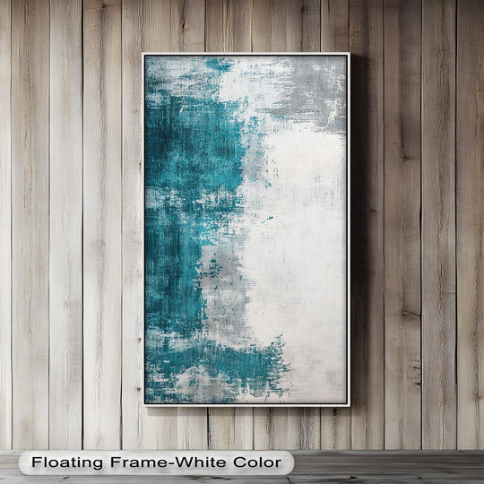 Visible surface texture reveals the subtle brushstrokes and layered pigments of this teal and stone minimalist abstract oil painting art piece.