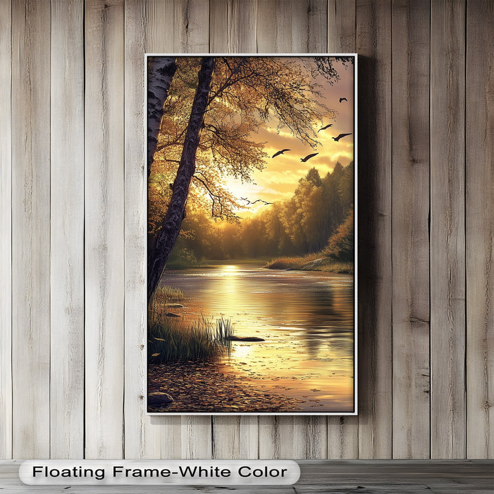 Ölgemälde einer herbstlichen Flusslandschaft – Sonnenuntergangs-Wandkunst