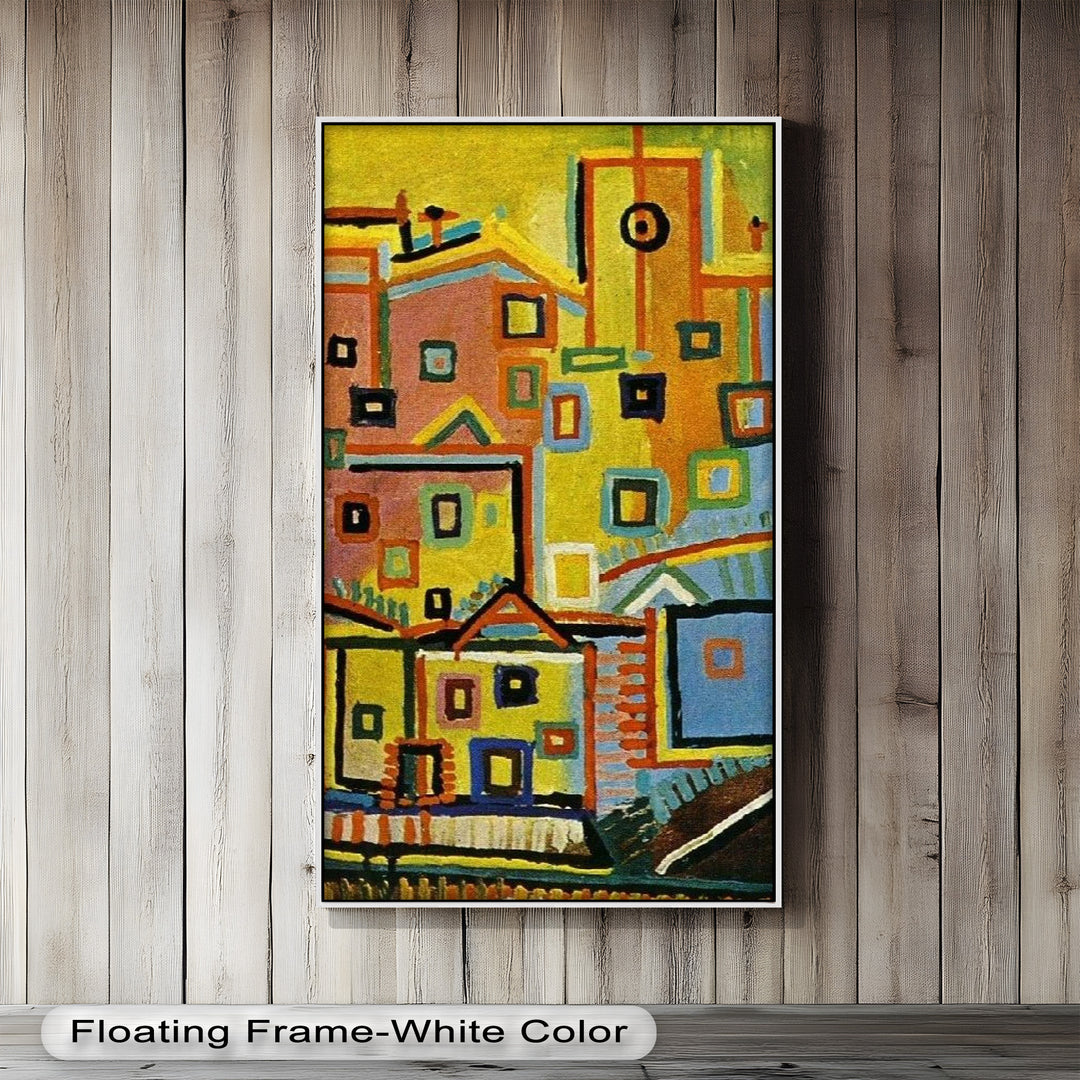Farbenfrohe geometrische Stadtlandschaft als Wandkunst – kubistisches Ölgemälde