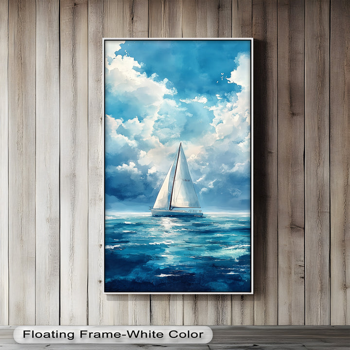 White Sailboat Blue Skies - Modern Oil Painting