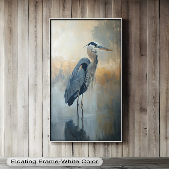 Dominated by soft gray-blues and earth tones, this animal oil painting artwork depicts a serene heron amidst misty reflections, enhancing its peaceful essence.