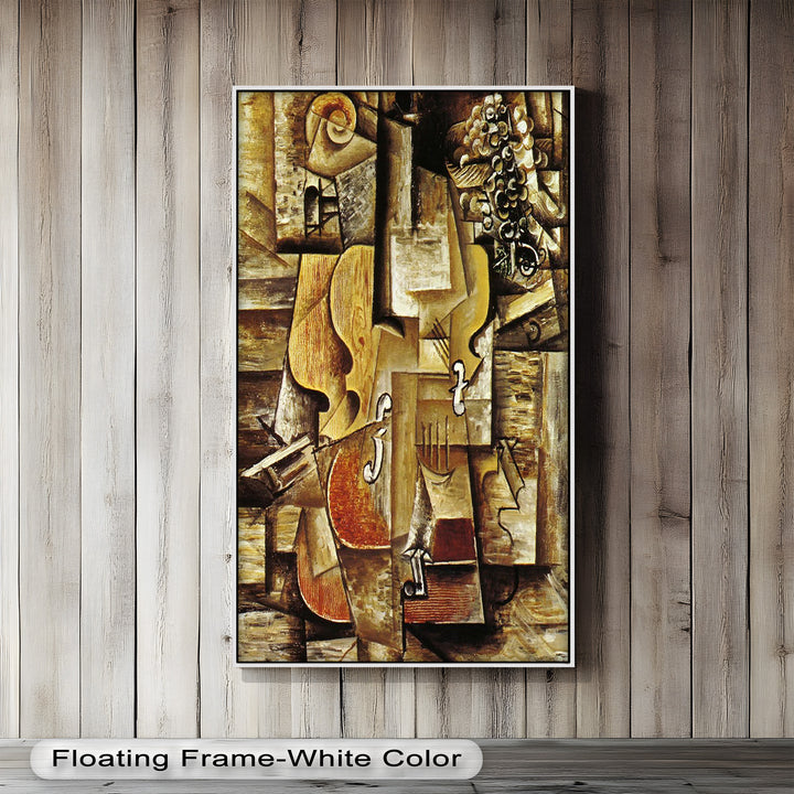 An intricate cubist painting of a cello and grapes, blending abstraction and realism through a harmonious palette of browns and tans.