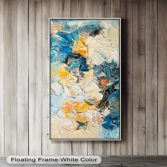 With cool blues balancing warm yellows, this textured abstract oil painting wall art conveys a vibrant color temperature shift in sunlit currents.