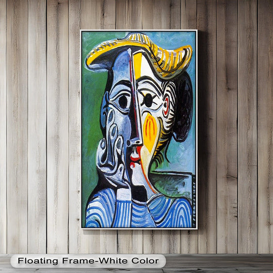 Framed by a sleek white border, this modern oil painting art showcases a bold Cubist Picasso oil painting, highlighting its clean edge.