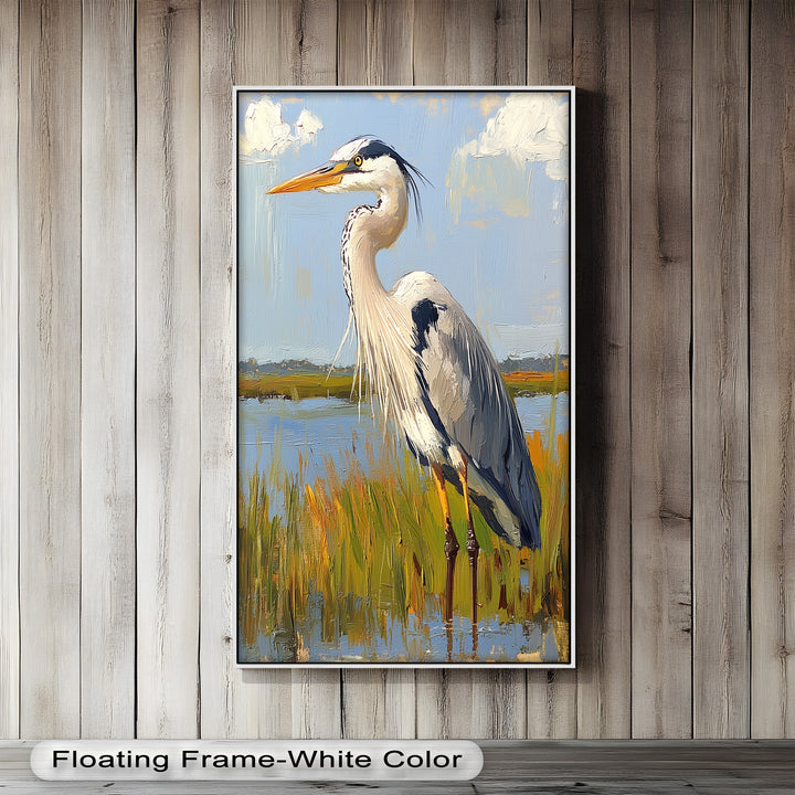 Heron in Sunlit Wetlands - Animal Oil Painting