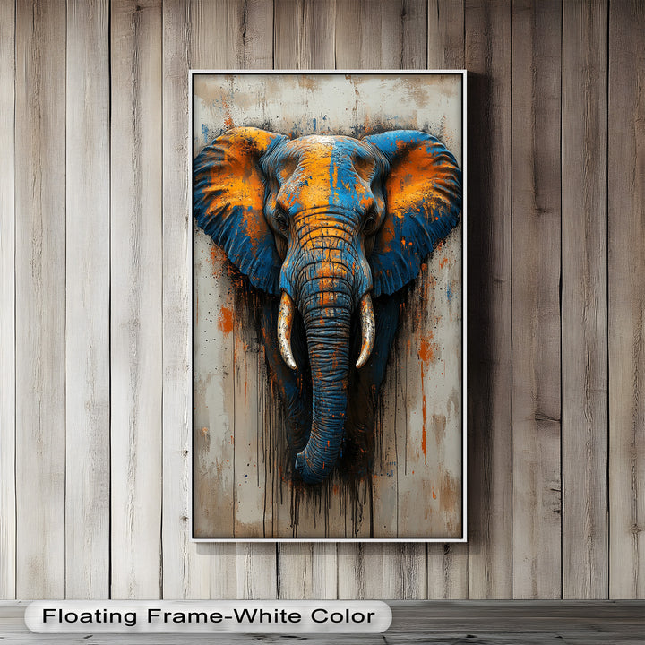 Blue and Orange Elephant Portrait - Animal Oil Painting