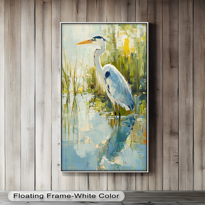Heron Amid Textured Reflections - Animal Oil Painting