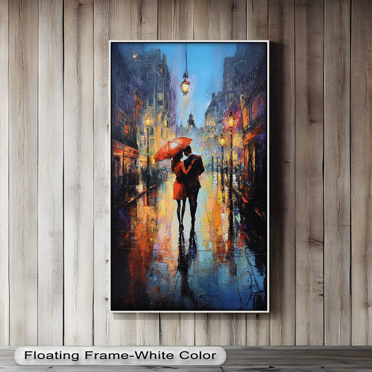 Illuminated by street lamps, the brightest area showcases this Parisian Embrace oil painting decoration, highlighting a couple's romantic moment under a red umbrella in Paris.