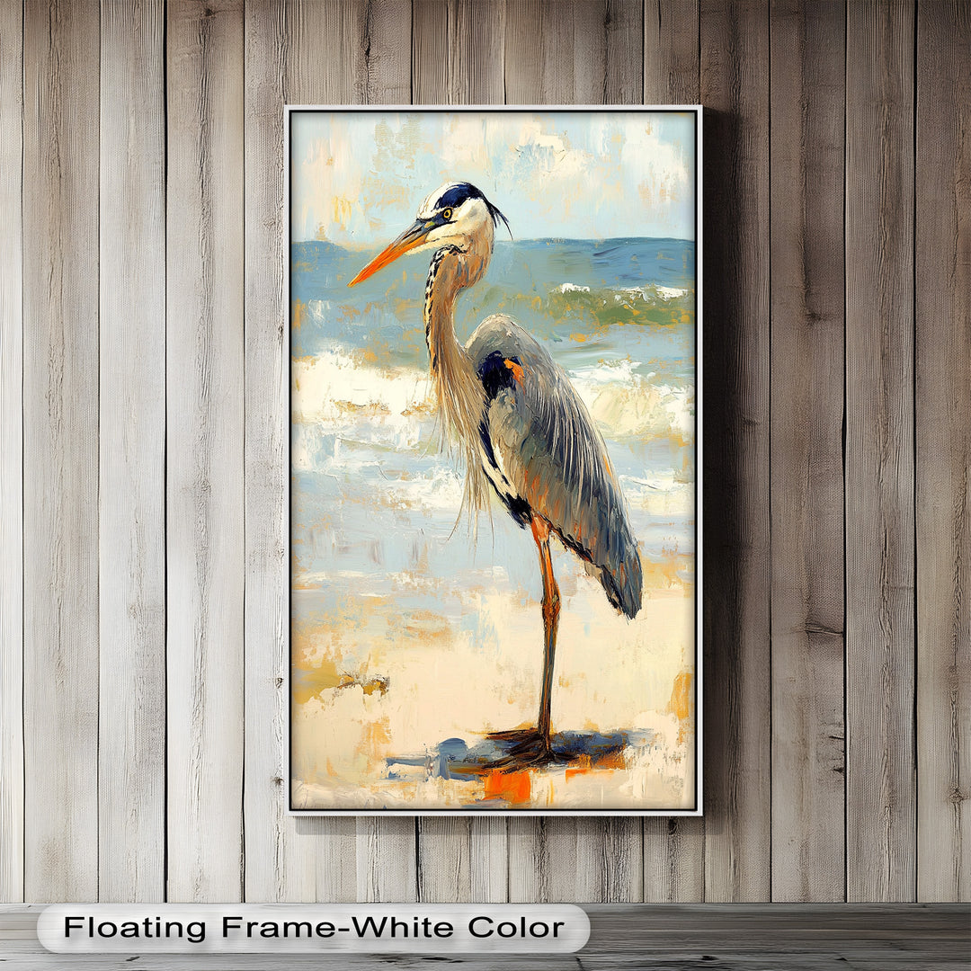 Coastal Heron with Ocean Breeze - Modern Oil Painting