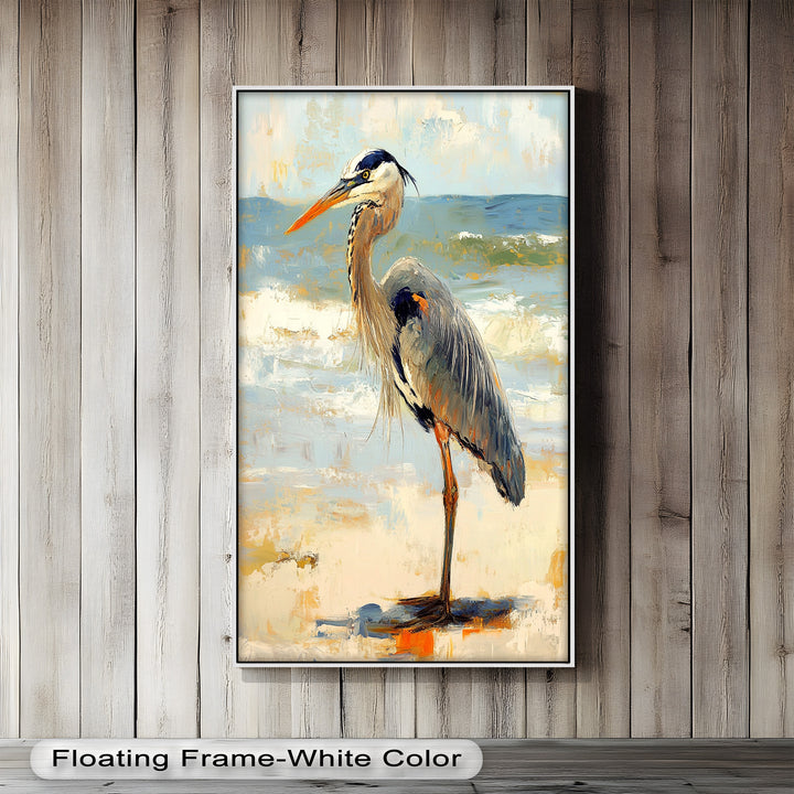 Coastal Heron with Ocean Breeze - Modern Oil Painting