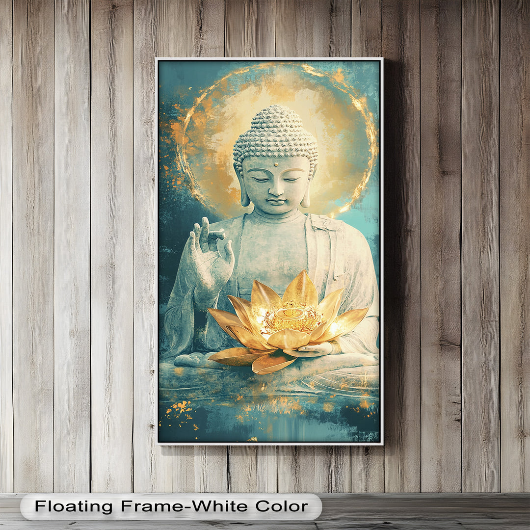 A peaceful Buddha figure in deep meditation, with a luminous golden lotus blooming in his hands, symbolizing purity and wisdom.