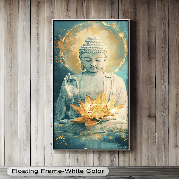 A peaceful Buddha figure in deep meditation, with a luminous golden lotus blooming in his hands, symbolizing purity and wisdom.