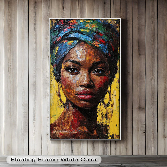 Highlighting the clean white edge and borders, this striking portrait of a woman features vivid oil painting decoration framed to enhance its beauty.