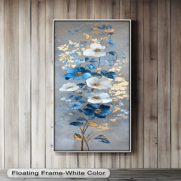 A vertical arrangement of blooming flowers with vibrant blue and white tones, enriched by metallic gold leaves and artistic brushwork.