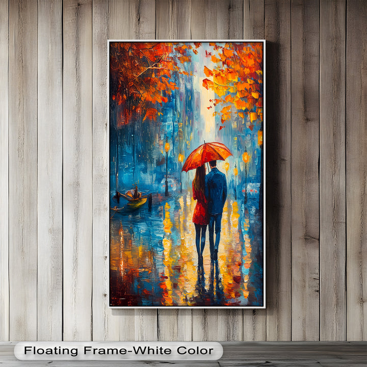 Romantic Couple Strolling Under Red Umbrella - Love Oil Painting