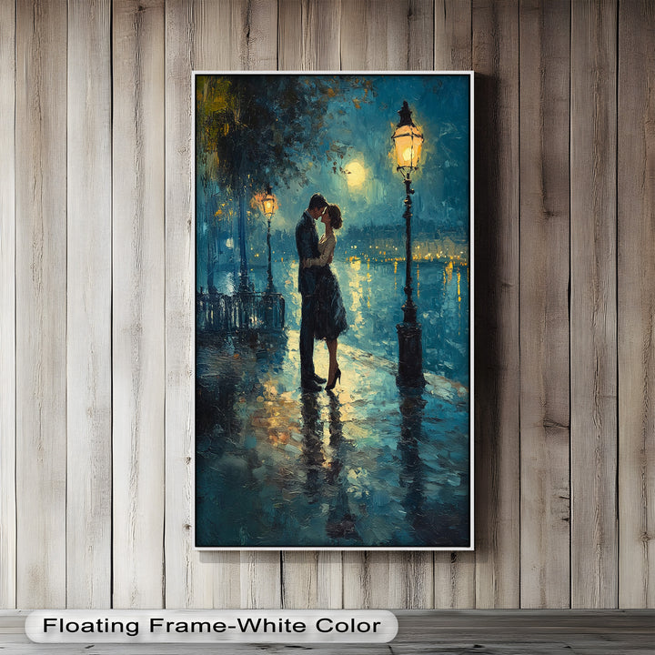 Moonlit Embrace – Lovers by the Lamplight Love Oil Painting