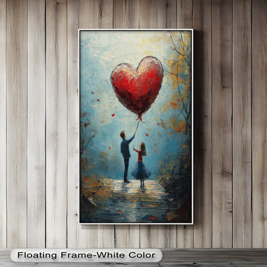 Light and shadow accentuate the texture and depth in this heart balloon dreams oil painting reproduction print, illuminating the whimsical couple in a romantic glow.