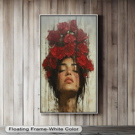 Subtle textures accentuate the artistic oil painting reproduction print, highlighting a woman crowned with crimson roses in a romantic, floral design.