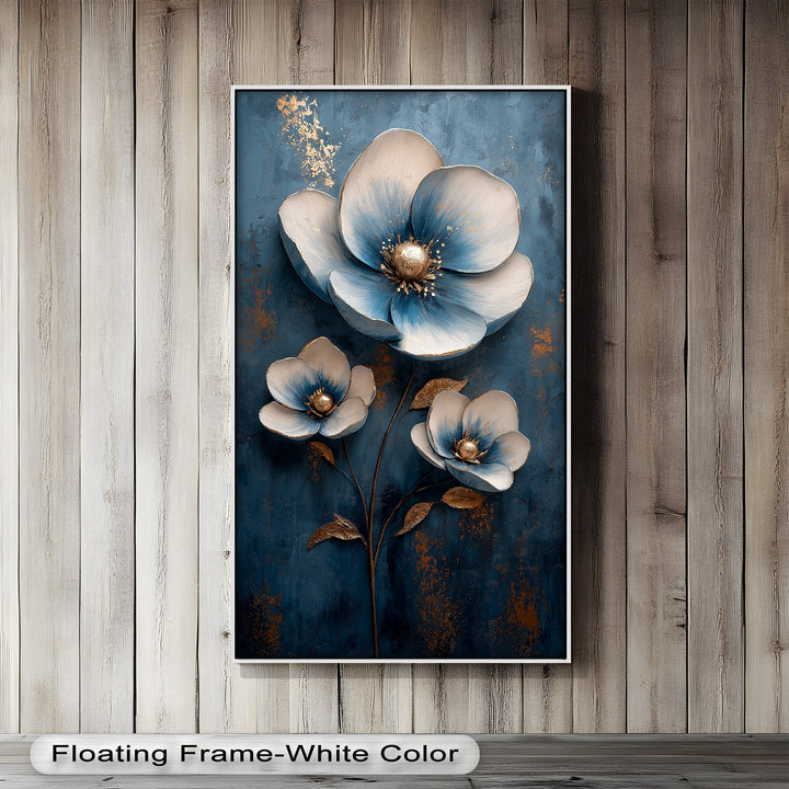 Deep Blue and Metallic Floral Elegance - Flower Oil Painting
