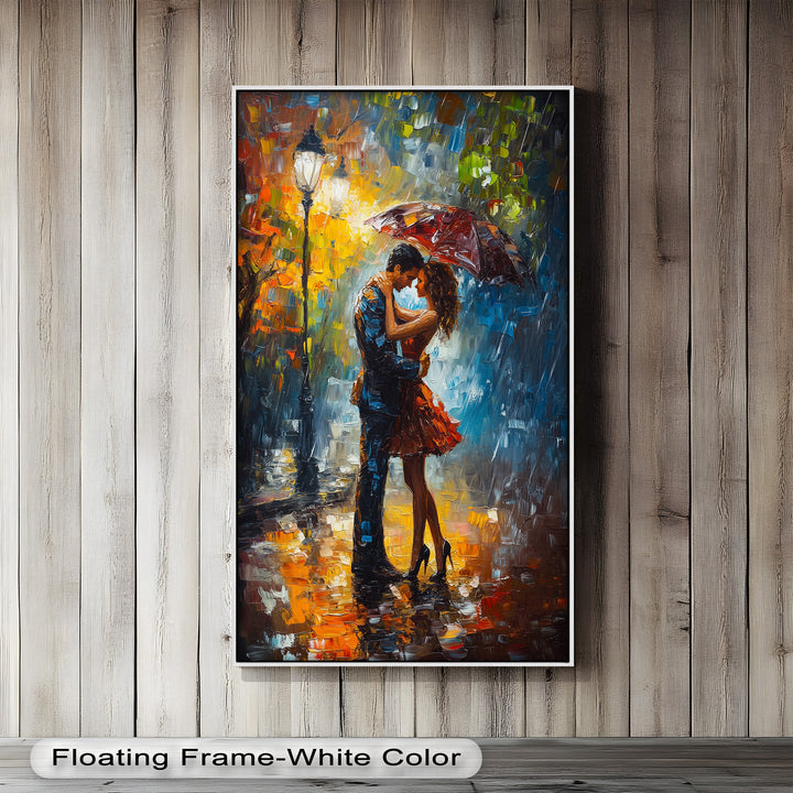 Embrace in Autumn Rain – Passionate Love Oil Painting