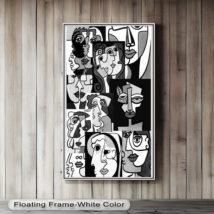 Monochrome Whispers – Collage of Cubist Faces Abstract Oil Painting