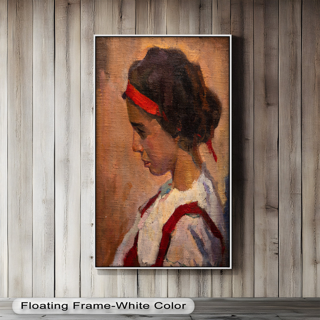Crimson Reverie – Side Portrait of a Girl in Red Headband Oil Painting