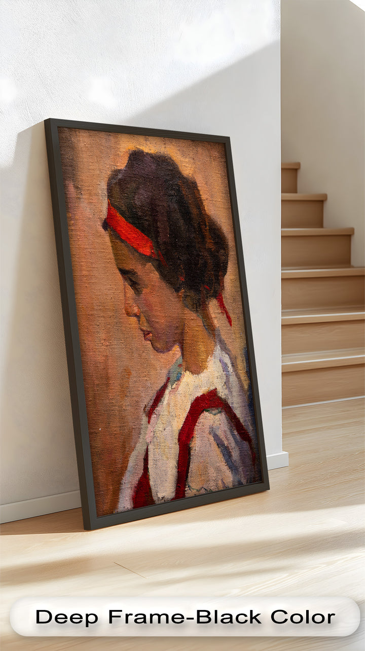 Crimson Reverie – Side Portrait of a Girl in Red Headband Oil Painting