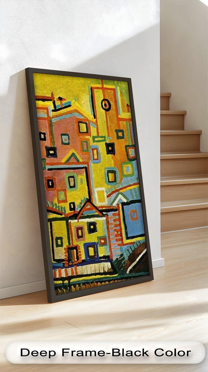 Farbenfrohe geometrische Stadtlandschaft als Wandkunst – kubistisches Ölgemälde