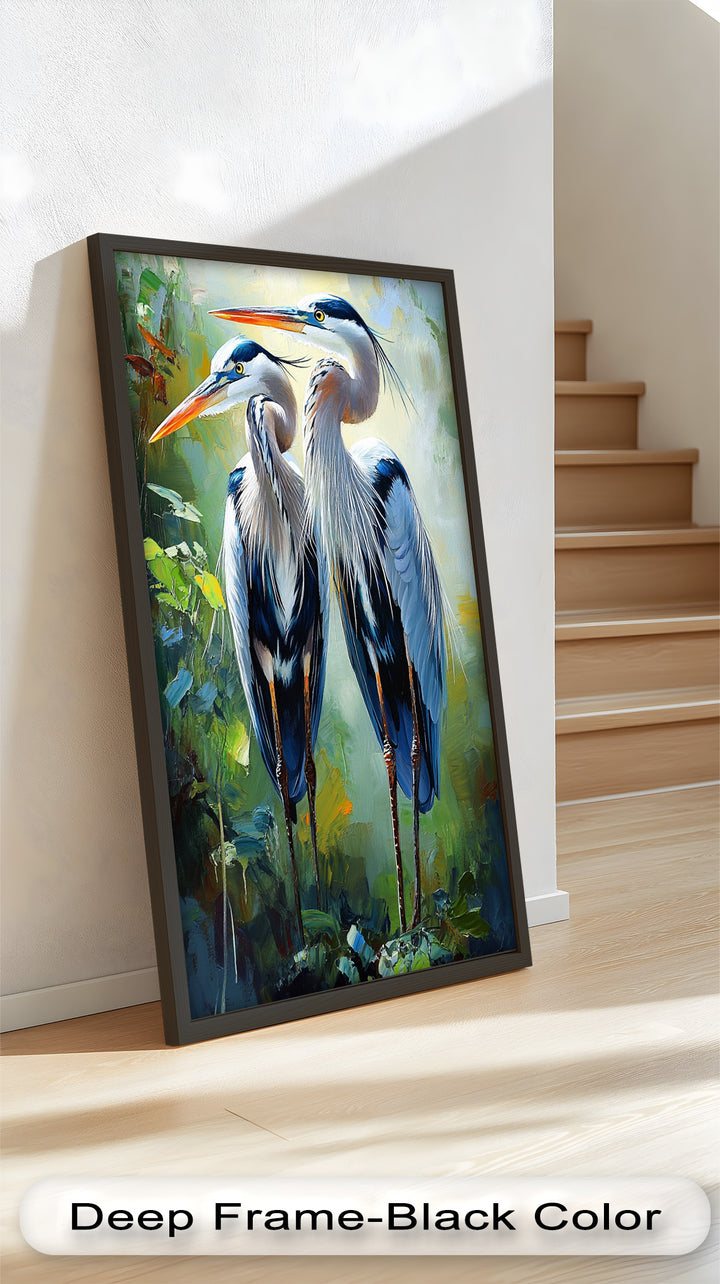 Two Herons Among Verdant Shadows - Animal Oil Painting