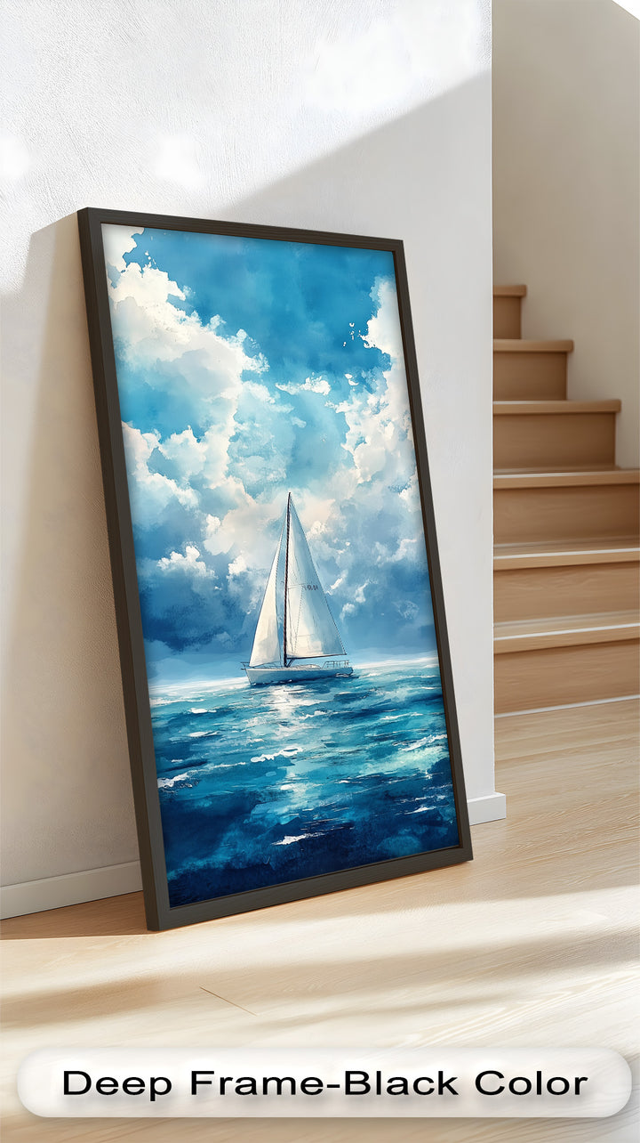 White Sailboat Blue Skies - Modern Oil Painting