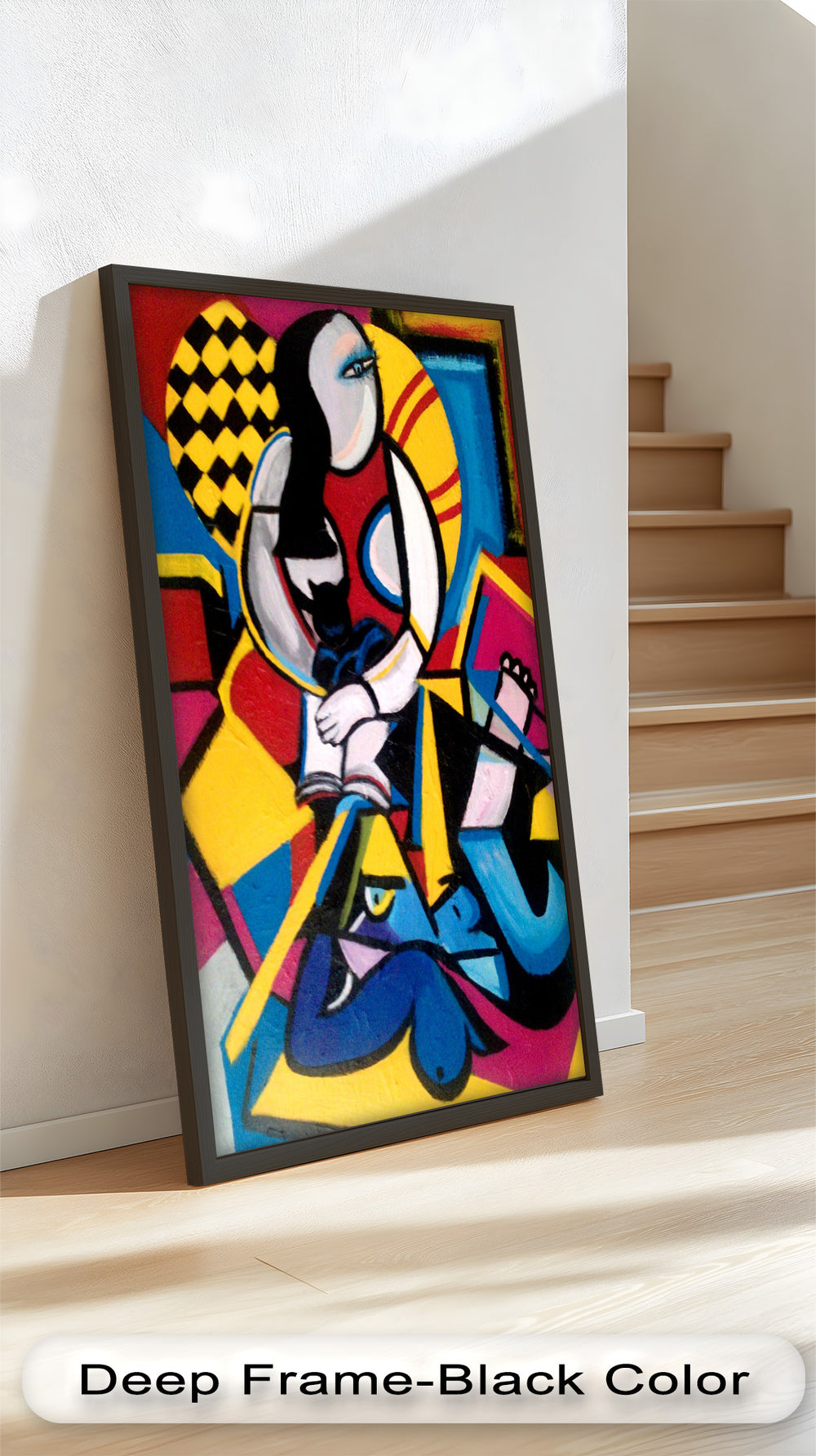 A modern abstract painting featuring a stylized female figure and cat, rendered in a dynamic palette of yellow, red, blue, and black.