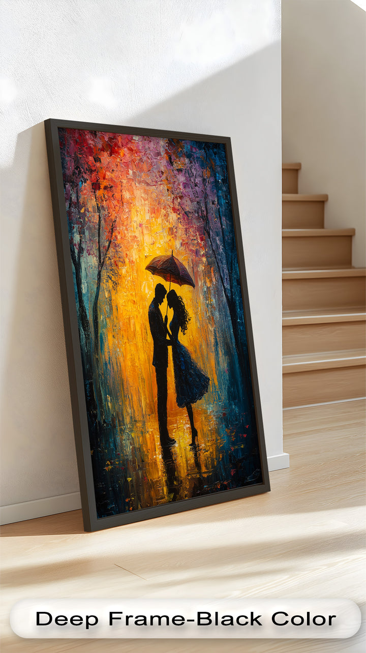 Under the Glow – Romantic Couple with Umbrella Love Oil Painting
